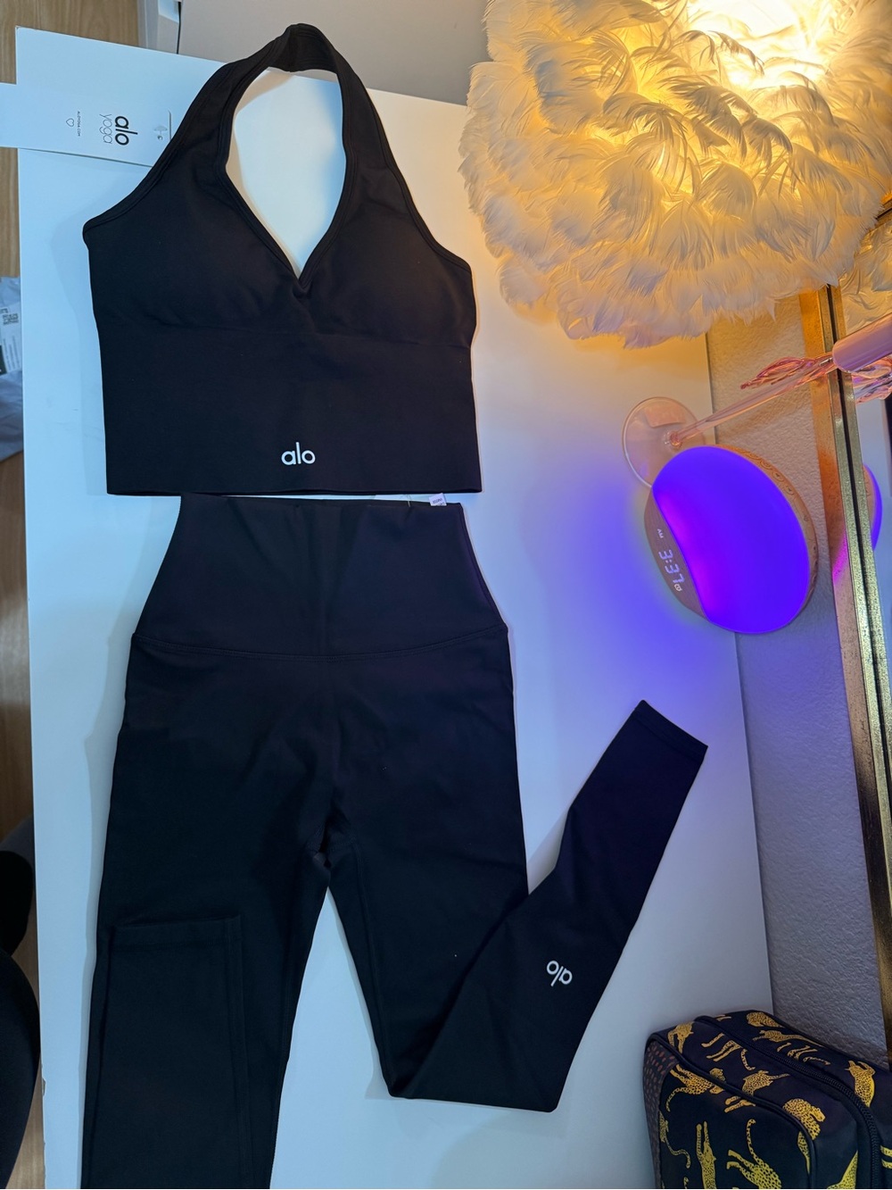 ALO Yoga Black High-Waist Leggings with Matching Black Halter Bralette